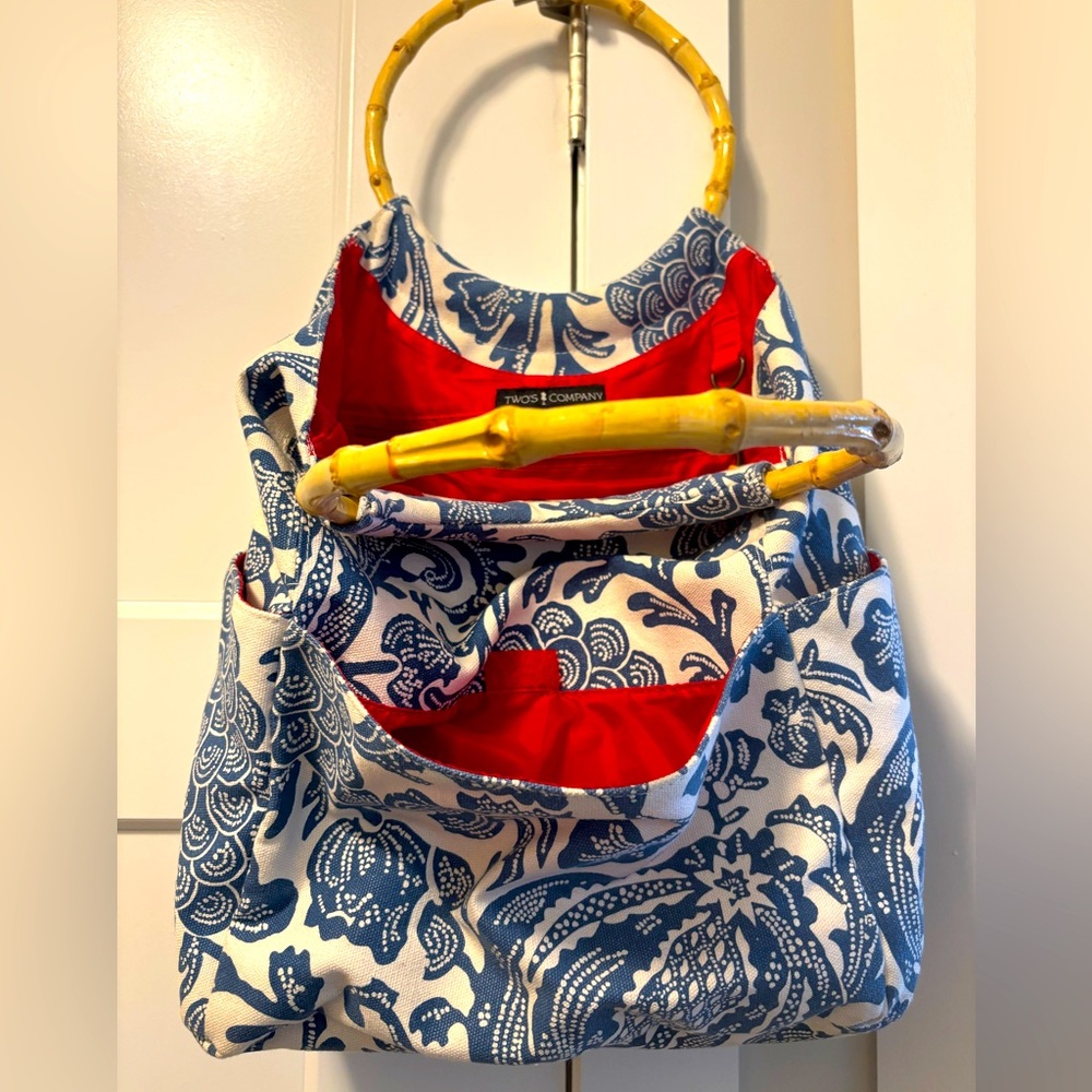 Floral Blue and Red Women Bag with Bamboo Handles